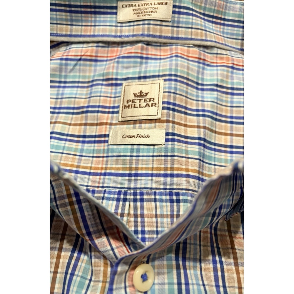 Peter Millar Crown Finish L/S Button Down Shirt Mens 2XL Blue Multi Check Cotton